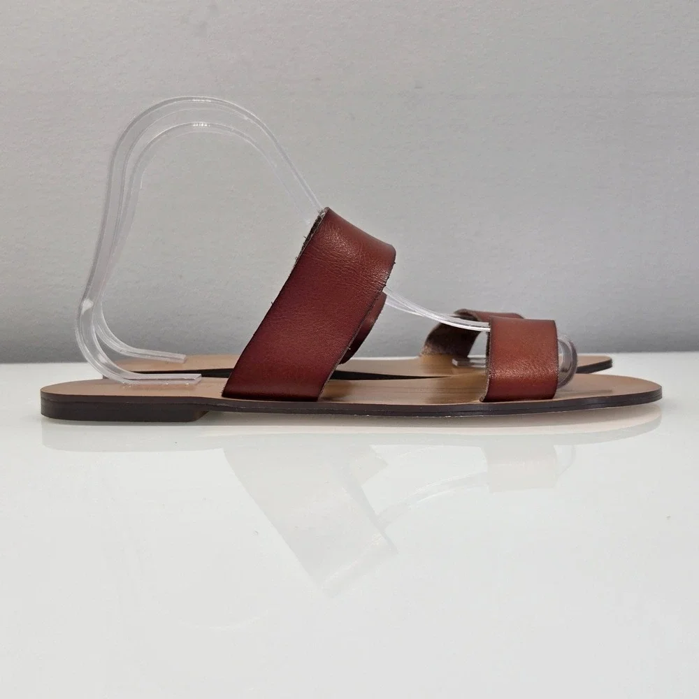 J Crew Slip On Slide Flat Sandals Women 9 Brown Double Strap Minimalist‎ Coastal